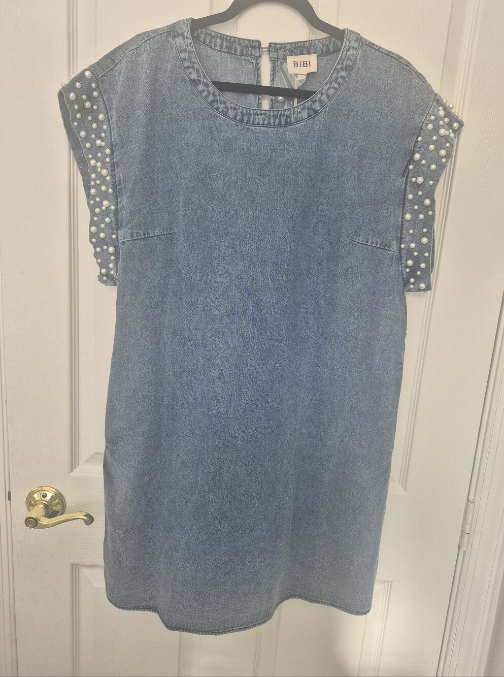 NWT BiBi Blue Denim Dress with Pearl-Studded Sleeves